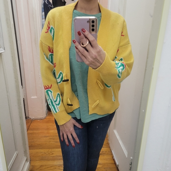 Cactus Cardigan in Bright Yellow & Green. Southwestern Cowboy Grandpa Sweater - Picture 6 of 7